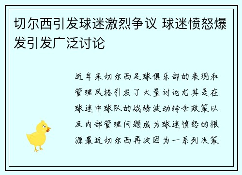 切尔西引发球迷激烈争议 球迷愤怒爆发引发广泛讨论