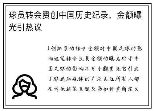 球员转会费创中国历史纪录，金额曝光引热议